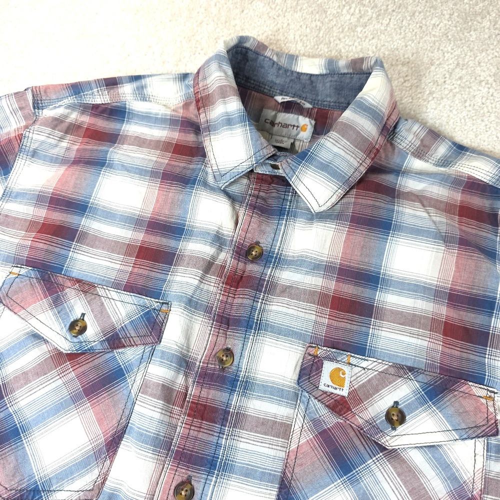 Carhartt Work Shirt Mens L Red Blue Plaid Button Up Relaxed Fit Short Sleeve